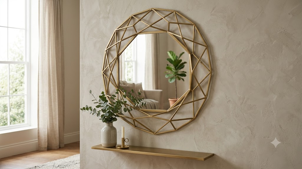 Brass Mirror with Geometric Frame Entryway